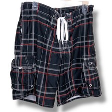Medium OP Swim Board Trunks Shorts Black White Red Plaid Cargo Pockets