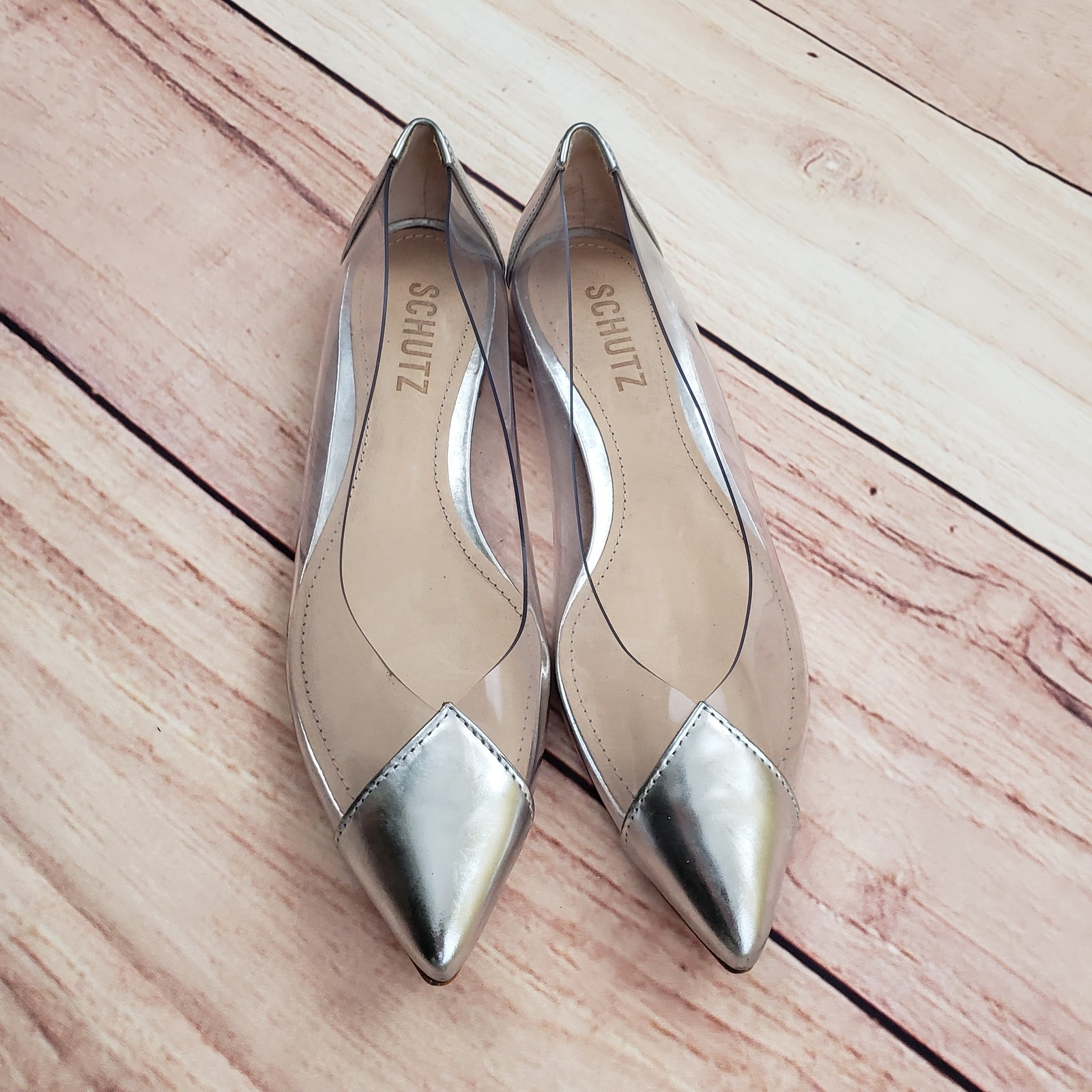 SAOLA Schutz Shoes donna taglia 5 5B argento chiaro punta ballerine PVC suola pelle