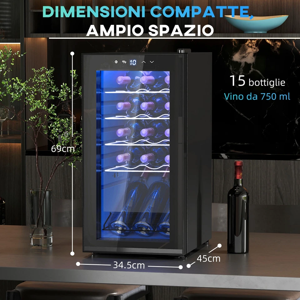 HOMCOM Cantinetta Vino Frigo per 15 Bottiglie con Ripiani Regolabili Nero - Immagine 4 di 4