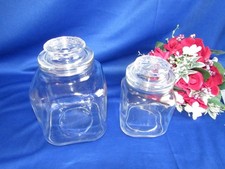 VTG LOT OF 2 CLEAR GLASS SQUARE APOTHECARY JARS W ETCHED STARS ON TOP OF LIDS