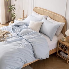 Light Blue 100 Washed Cotton Linen Like Duvet Cover Set Queen Size