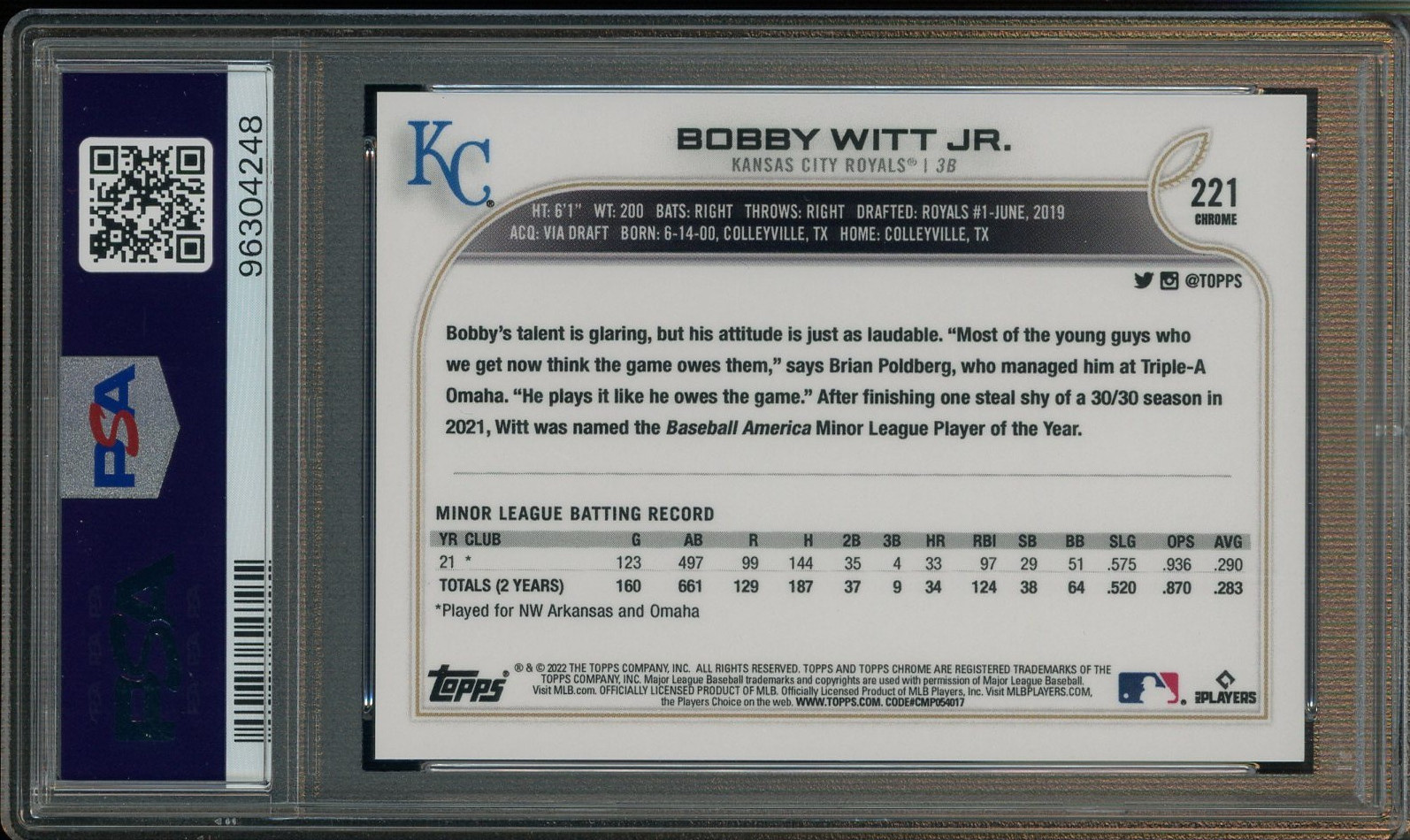 2022 Topps Chrome Refractor #221 Bobby Witt Jr Rookie Image Variation SP PSA 10 view 2