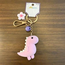 Hello Happy Keychain Pink Dinosaur Pink Flower Purple Bell, CUTE, NWT