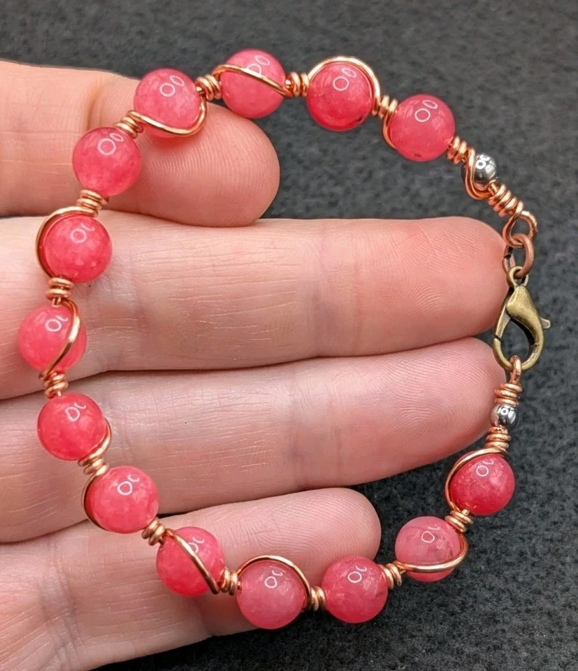 女士亮粉色 8 毫米混合串珠手链扣 (17 厘米) 6.25 英寸小手腕  — 第 4/4 张图片