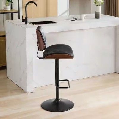 MCM Faux Black Leather Walnut Bentwood Swivel Bar Stool Adjustable Height