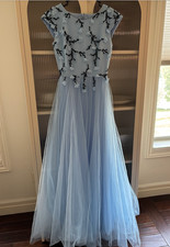 Le Parole Modest Blue Tulle and Floral applique Gown, Prom/Bridesmaid/Evening
