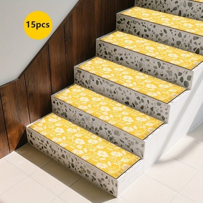 15pcs Rubber Anti-Slip Yellow Floral Pattern Stair Carpet Set, Non-Slip Stair