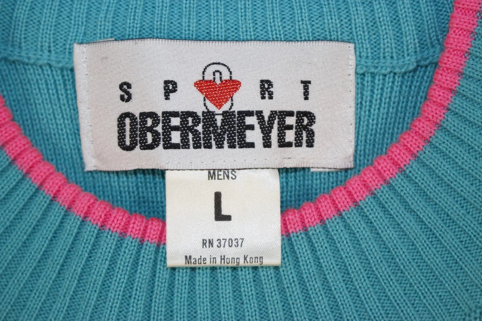Vintage Obermeyer Sport Sweater Men L Hurricane Wool Acrylic 80's Neon Teal Pink - Image 4 of 4