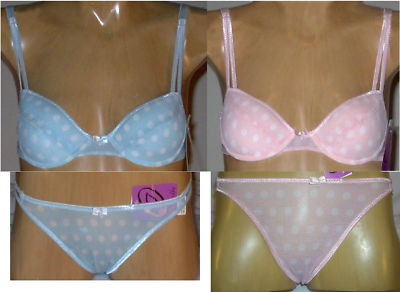 Sexy White Poke Dot Bra & Thong Panty Set; Blue or Pink