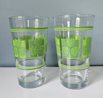 Vintage Libbey Green Shamrock Clover Glasses Set of 2 St Patrick s Day Tumblers