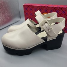 Tory Burch Runway Lug Sole Clogs White Leather Platform Stapled Women Sz 9 New