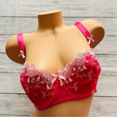 ADORE ME Bra 32H Pink Lace Balconette  Sheer Push Up Floral Bow Adjustable NWT