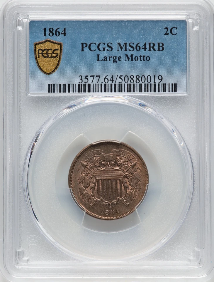 1864 Two Cent Piece Large Motto - PCGS MS64RB - LOOKS STONE COLD MS66 - STUNNING - Image 3 of 4
