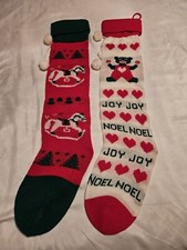 Set of 2 Knit Christmas Stockings Red Green White Pom Poms Long 28 inches