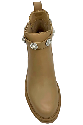 韓国 Copper Key Women's Cosmo Pearl Rhinestone Leather Chelsea Booties