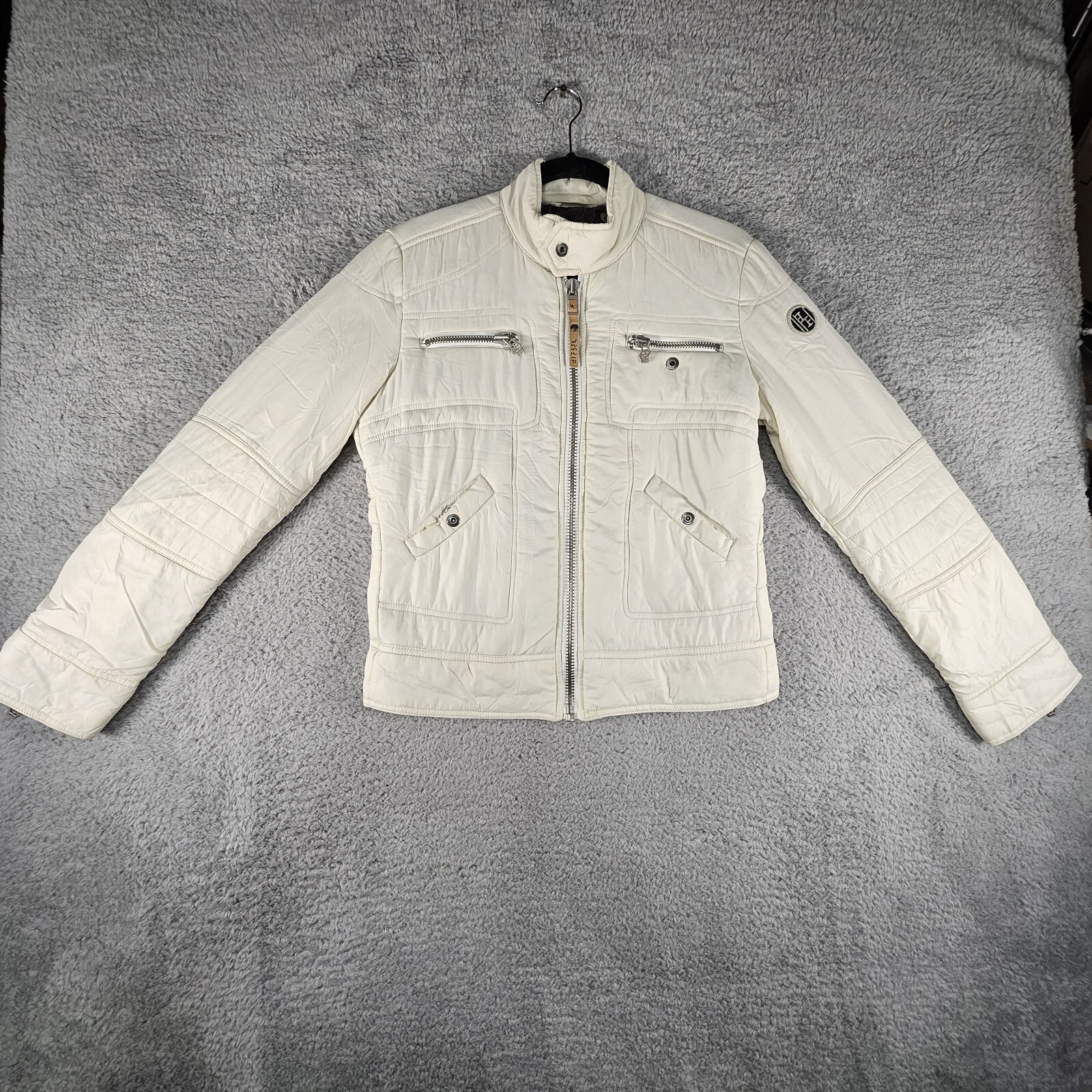 Diesel Rising Sun Moto Jacket Womens M White Pockets Mock Neck Embroidered