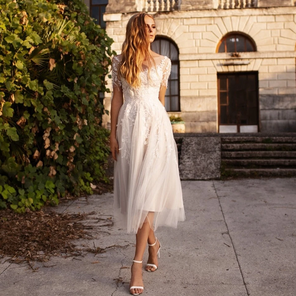 Luftiges Kurz Spitze Brautkleid Hochzeitskleid Floral Maßanfertigung Knöpfe Tüll - Bild 3 von 4