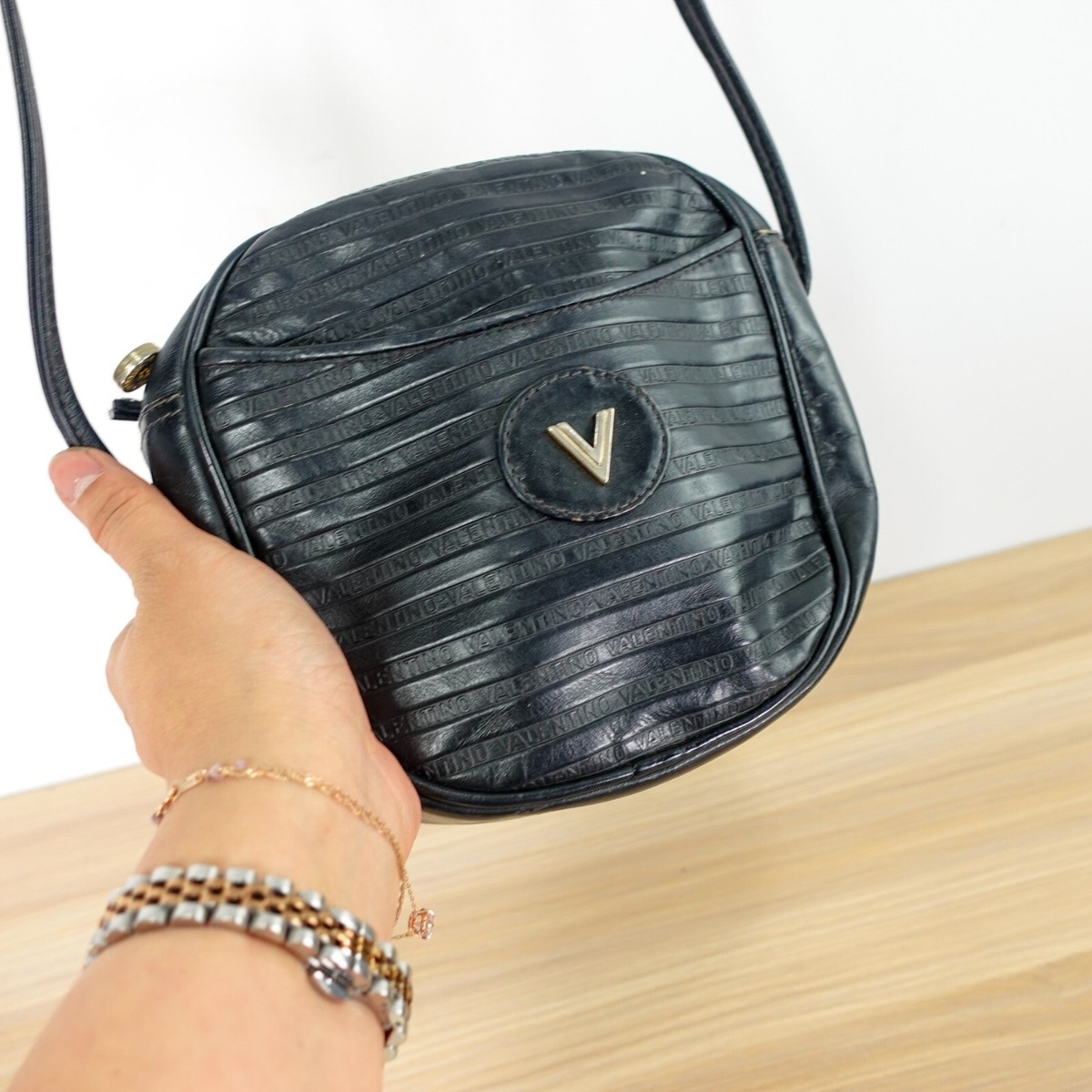 Vintage VALENTINO Purse Leather Black Y2K Crossbody Small V Logo
