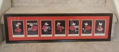 Vintage ULLMAN SUNBONNET GIRL A BUSY WEEK SUNDAY -SATURDAY FRAMED ART Red Prints