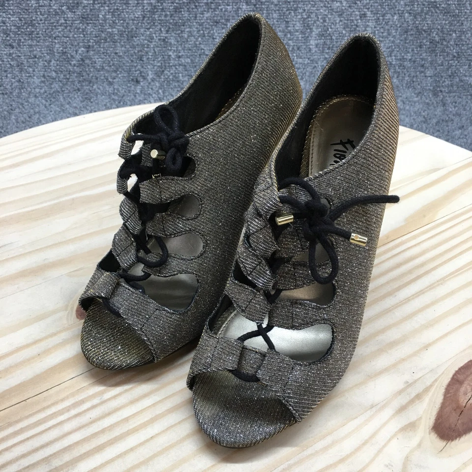 Sandalias de noche Fioni para mujer 6 vestidos con tiras tacón plateado dorado peep brillante Foto 3 de 4