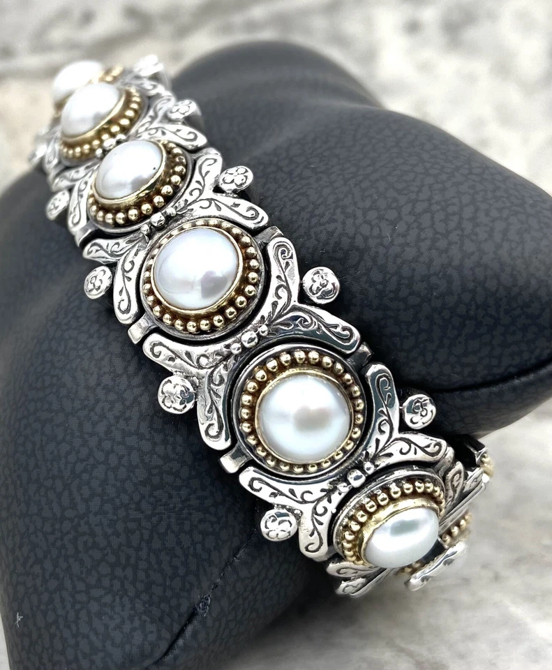 Готический дизайнерский браслет-манжета из стерлингового серебра с культивированным жемчугом KONSTANTINO 18 карат - Изображение 2 из 4