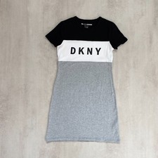 DKNY Womens Tshirt Dress Sz SX Black Grey White Colourlock Spellout Logo Shaping