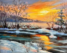 Winter Landscape Original Oil Painting Sunset Impressionism Art Signed 16x20 in