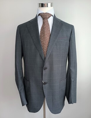 NWT GAIOLA NAPOLI De Petrillo Gray Windowpane Fresco Wool Suit ISAIA EU54/US44