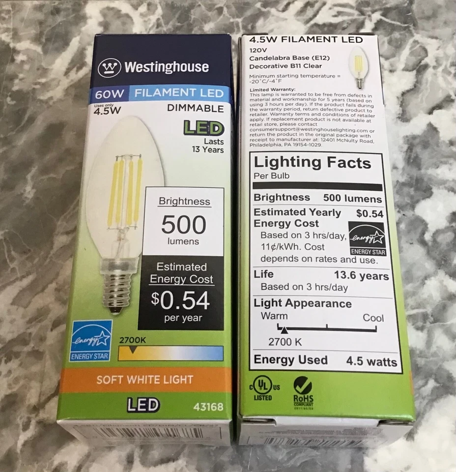 Westinghouse 4.5W B11 Filament LED DIMMABLE 2700K E12 Candelabra Base CASE of 6 - Image 3 of 3