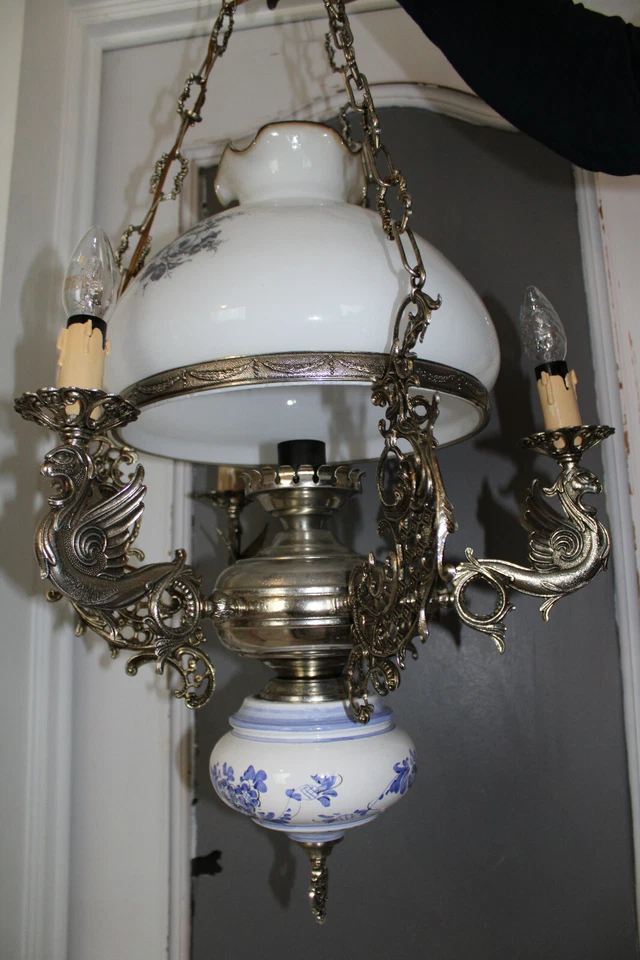 Lámpara de araña tazón opalino loza azul blanco delft marco gótico dragones de latón de colección  Foto 4 de 4