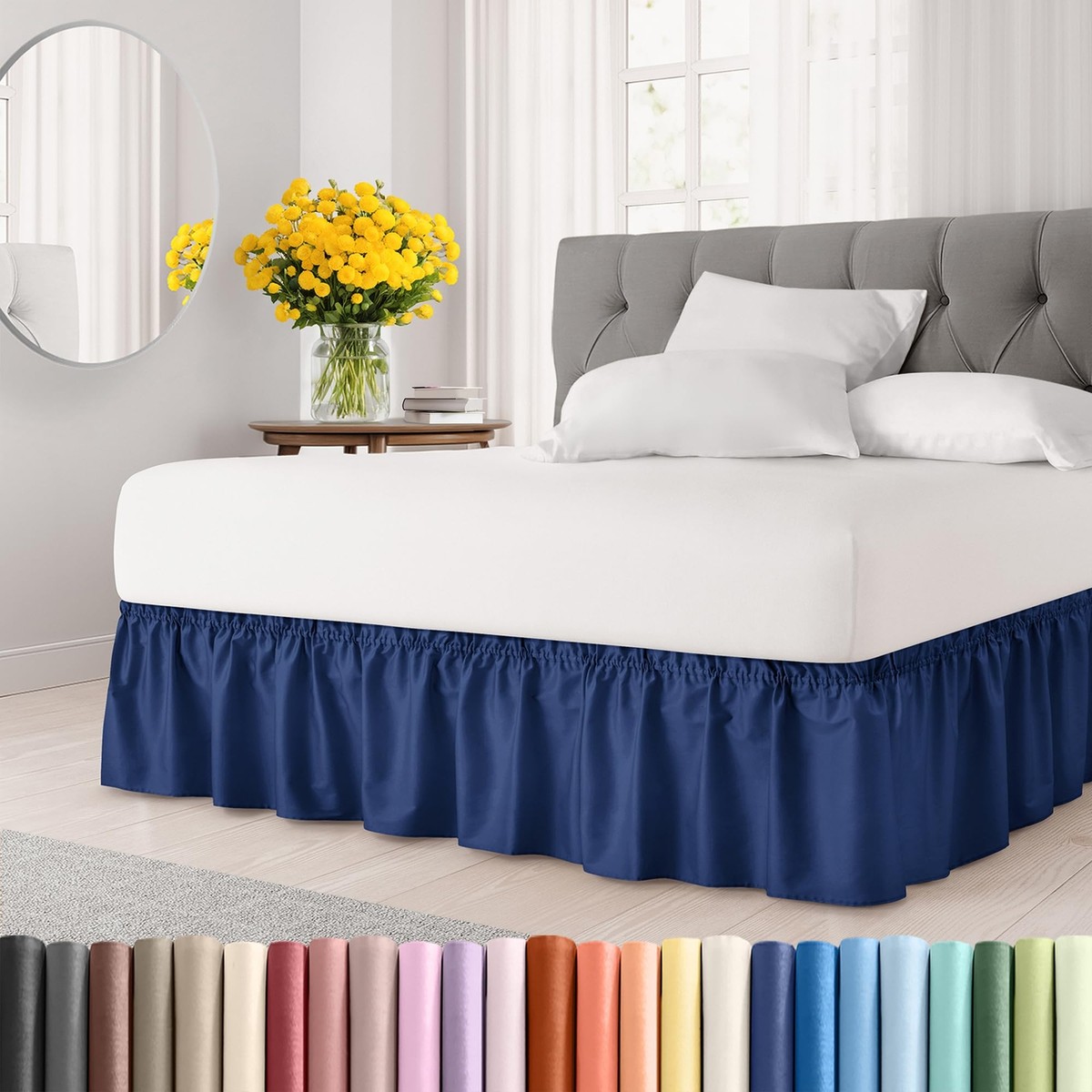Wrap Around Dust Ruffle Bed Skirt Navy Blue for King Size Beds