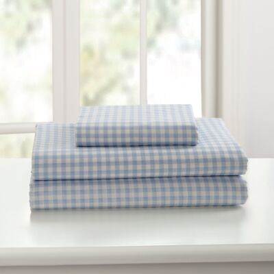 Laurel & Mayfair 250tc 100% Cotton Gingham Print Sheet Set, Queen, Blue