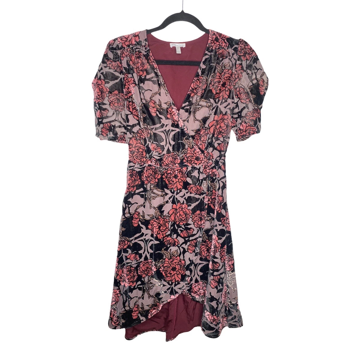 Leith Dress Size XS Women's Floral Faux Wrap Velvet Mini Split Short  Sleeves | eBay