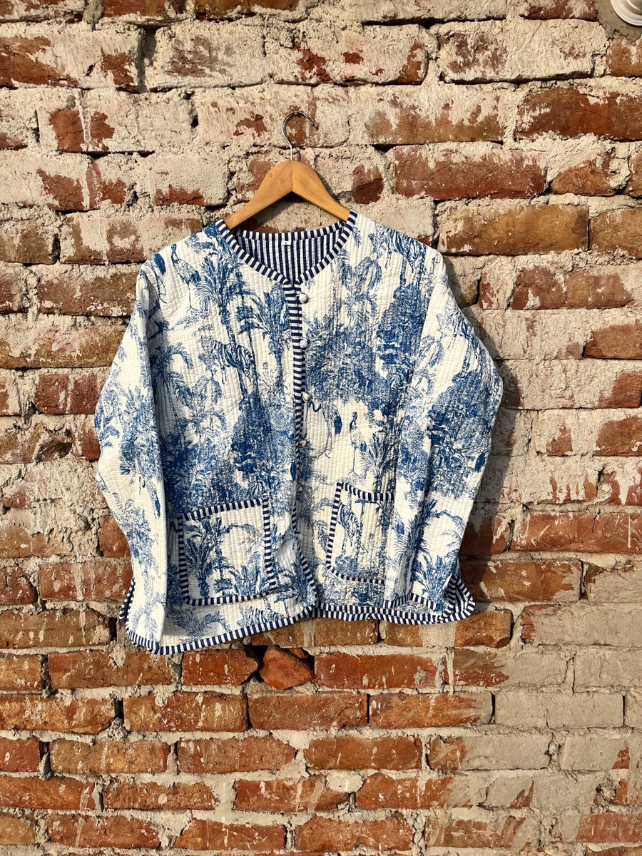 Indian Cotton Blue Floral Reversible Jacket Women's Clothing