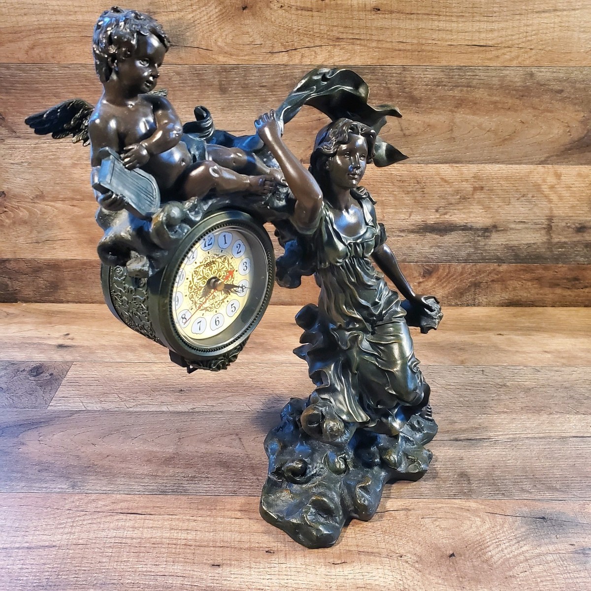 Vintage Crosa Clock Goddess Quartz Bronzed Heavy Resin Sculpture