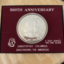 Rare 1992 5 Oz Silver Art Round Columbus Discovery Of American Quincentennial 88.00 per troy oz