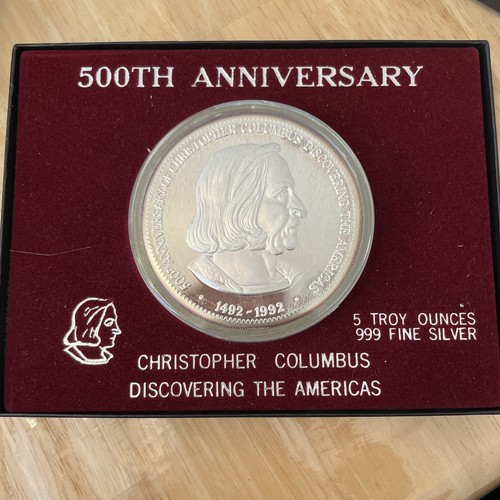 Seltene 1992 5 Oz Silber Kunstmedaille Columbus Entdeckung des amerikanischen Quincentennial - Bild 1 von 7