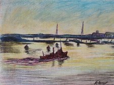 Signed Ken Stewart Crayon Landscape Fishing Boat Seascape Vintage Painting