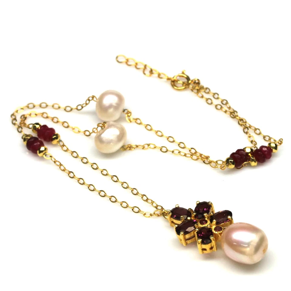 925 Sterling Silver White Pearl, Rhodolite, Ruby & Beads Necklace 16 in - Image 3 of 4