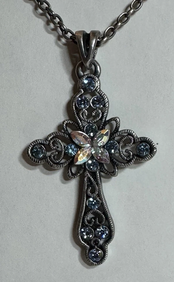 Lia Sophia Cross Pendant Necklace Blue Rhinestones AB Crystals Silvertone 18” - Image 3 of 4