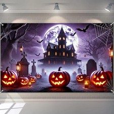 Halloween Banner 71x43 Inch Haunted House Graveyard Backdrop Banner with Pumpkin