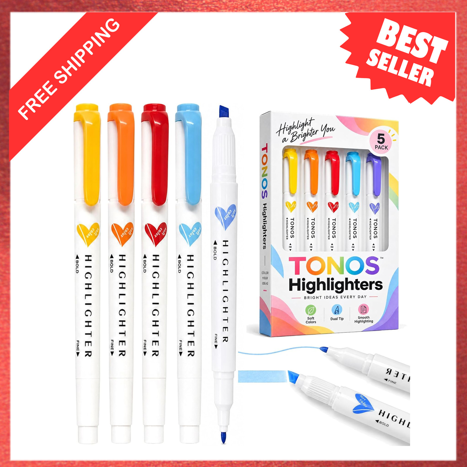 Highlighter Set 5 Pcs Dual Tips Assorted Colors No Bleed Bible and Note Taking