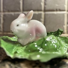 Vintage Hollohaza Porcelain Bunny Rabbits Figurine on a cabbage leaf 