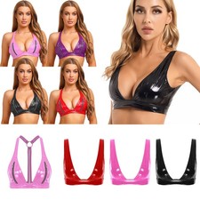 Women's Sexy Wet Look Bralette Top Zipper Front Leather Crop Top for Party Disco