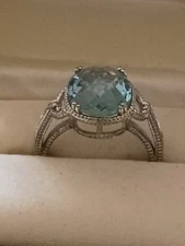 Zales Stunning Intricate 925 Sterling Silver Aquamarine Ring, size 7