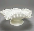 Vintage Fenton Silver Crest Milk Glass Pedestal Candy Dish 4" Tall 7" Wide
