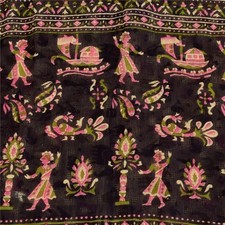 Sanskriti Vintage Sarees Ivory Pure Cotton Animal Human Printed Sari 5 Yd Fabric