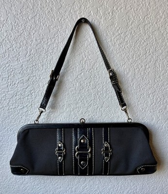 Isabella Fiore Black Shoulder Bag Purse Leather Trim Buckle Frame Clutch Y2K 