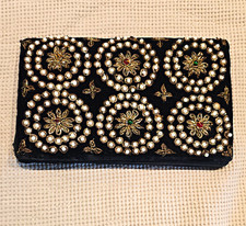 Women s Black Velvet Beaded Evening Clutch Wallet with Snap Closure