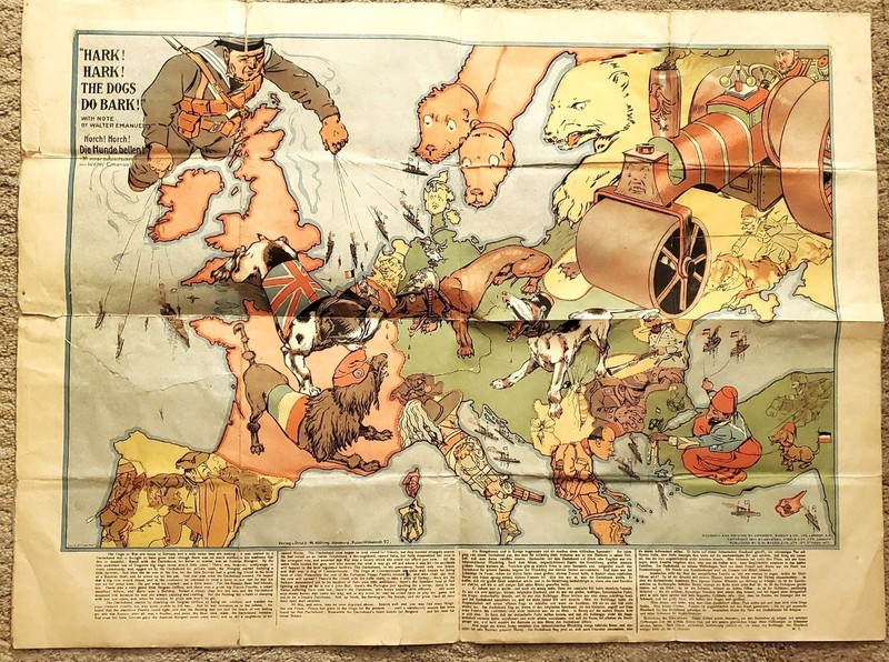 WW1 German Satirical  Map "Hark, Hark, the Dogs Do Bark" Hamburg, 1914 (25"X44")